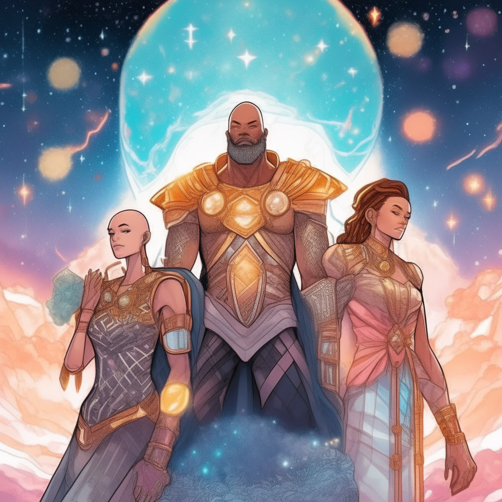 A bald bearded god floats contemplatively above clouds in futuristic armor, surrounded by four beautiful young goddesses of the sky in diverse dynamic poses against a backdrop of stars and nebulae