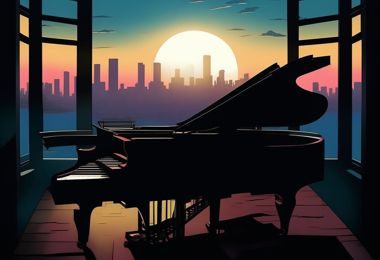 a silhouette of a grand piano overlooking a dusky cityscape viewed from a top-floor penthouse, rendered in the bold and vivid style of a vintage travel poster