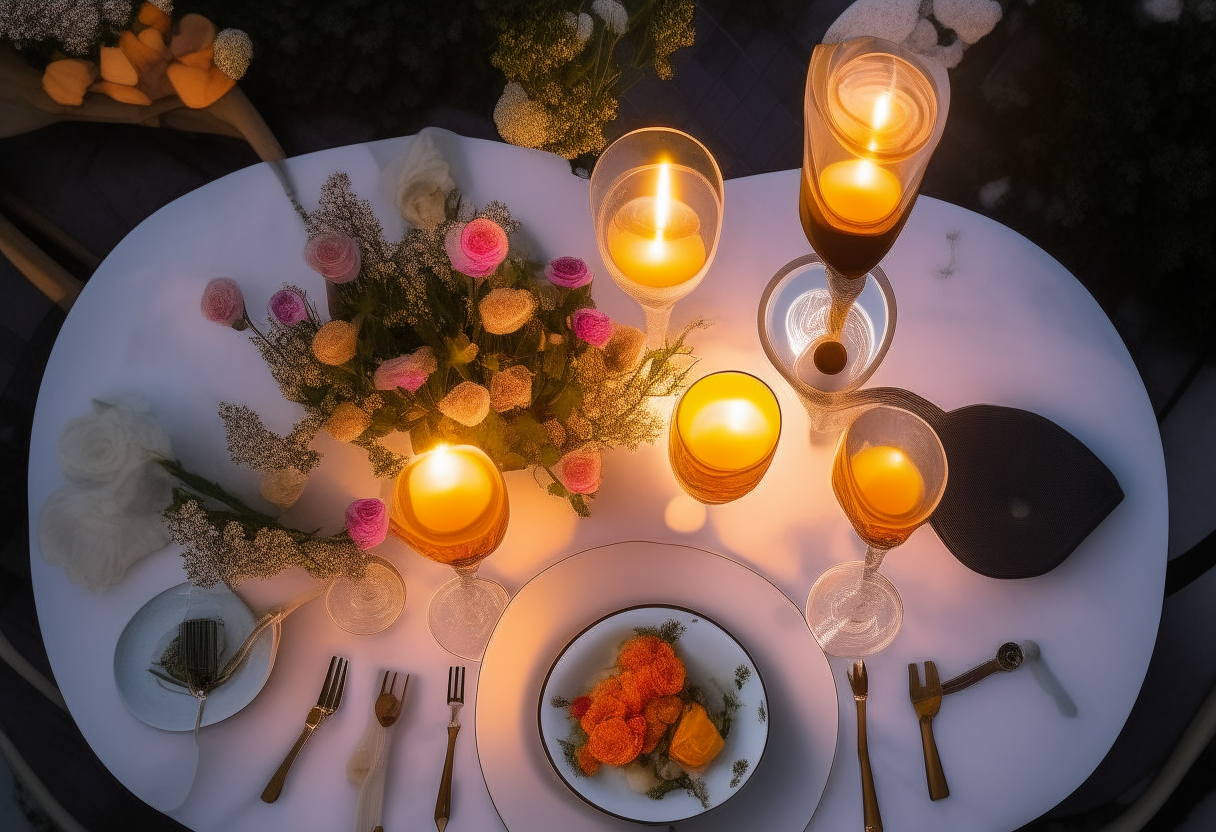 an overhead view of a beautifully set table for two on an outdoor patio at sunset, with candles, flowers, wine glasses, and anniversary dinner entrees artfully plated with garnish