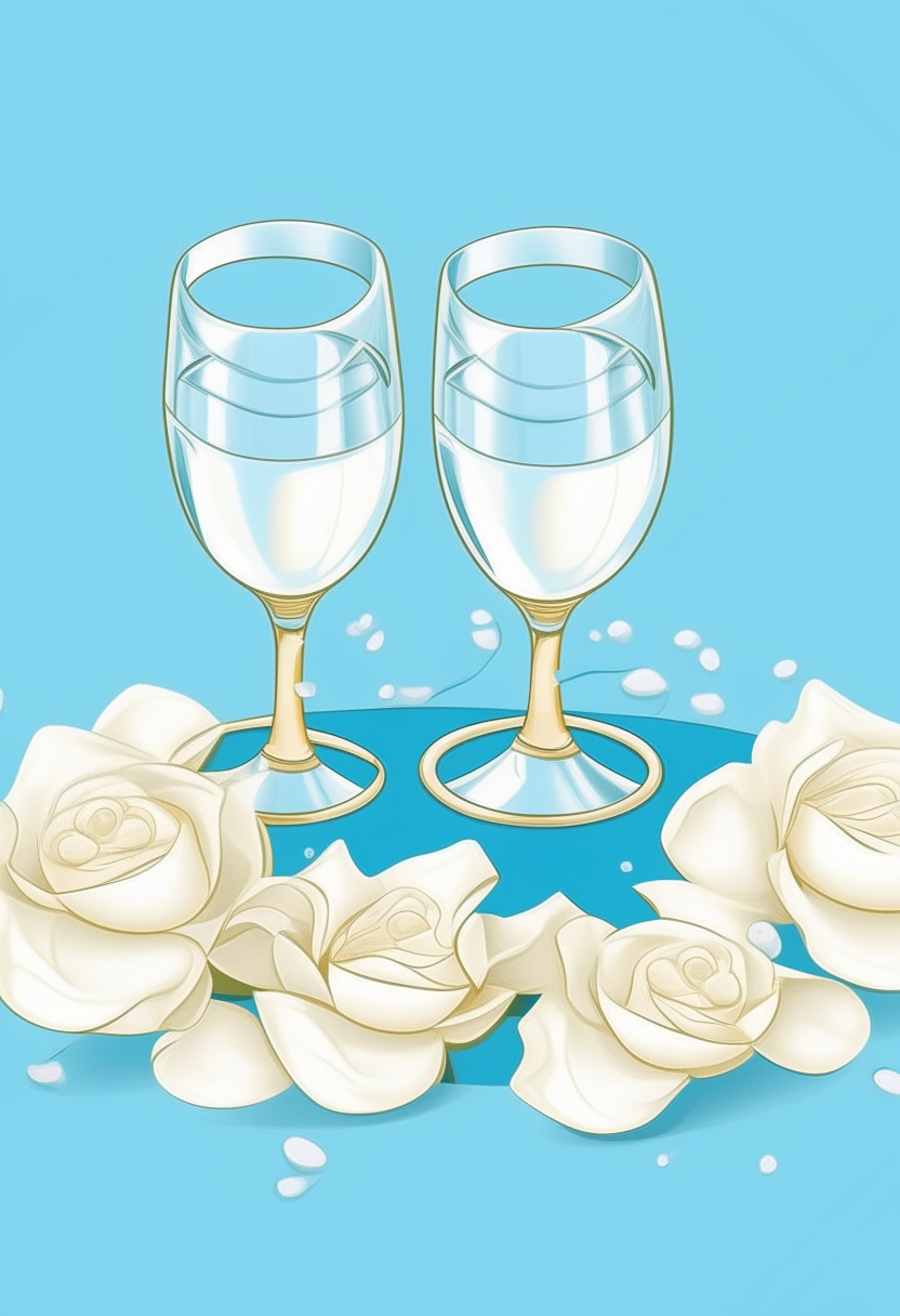 cartoon drawing of wedding rings, champagne glasses and rose petals against a light blue background