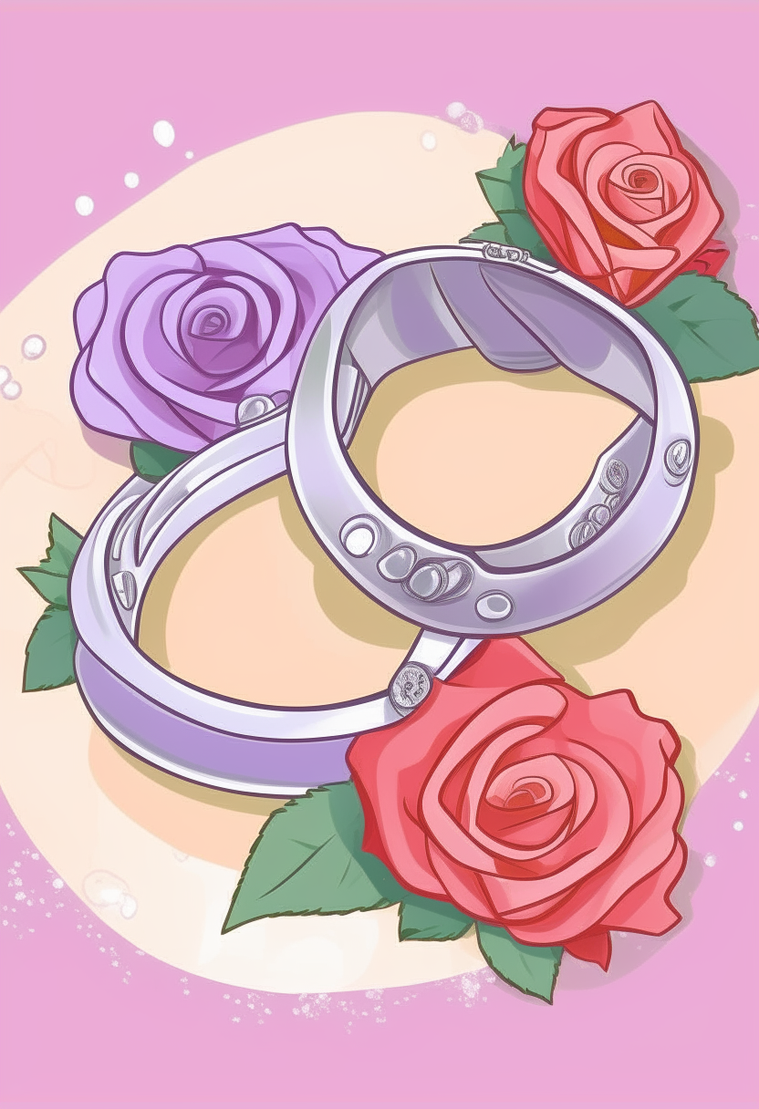 cartoon drawing of entwined wedding rings, bouquet of roses and heart shapes against a light purple background