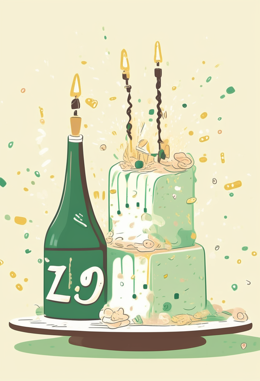 cartoon drawing of wedding cake, champagne bottle, anniversary numbers and confetti against a light green background