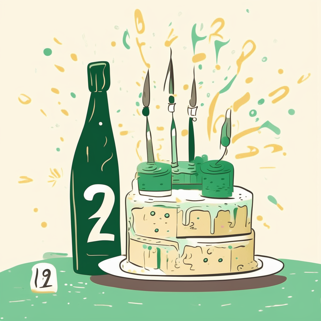 cartoon drawing of wedding cake, champagne bottle, anniversary numbers and confetti against a light green square background