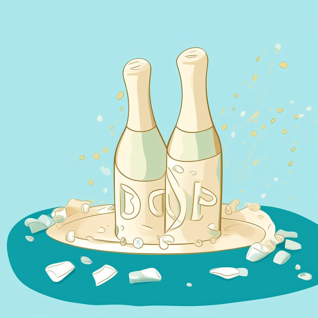 cartoon drawing of wedding rings, champagne glasses and rose petals against a light blue square background