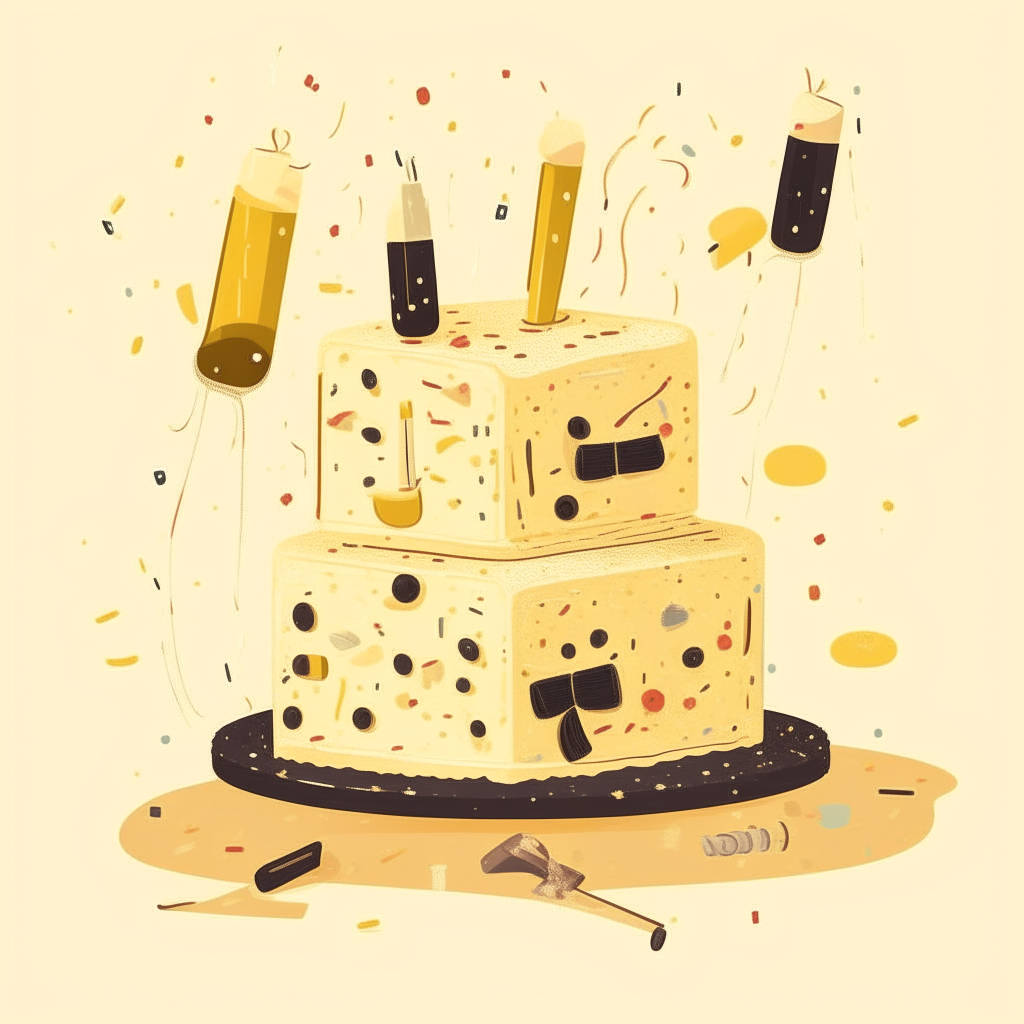 cartoon drawing of wedding cake, champagne bottle, anniversary numbers and confetti against a light yellow square background