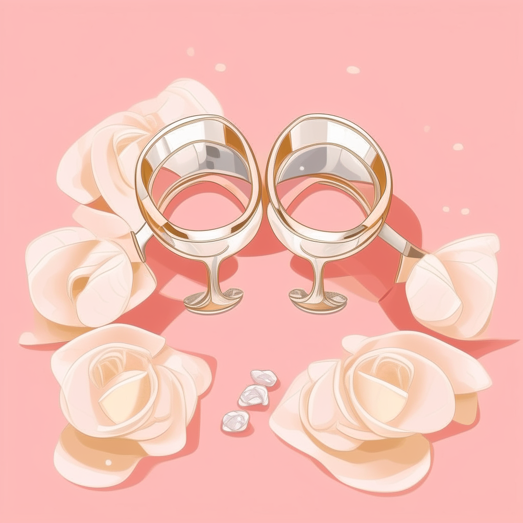 cartoon drawing of wedding rings, champagne glasses and rose petals against a light pink square background