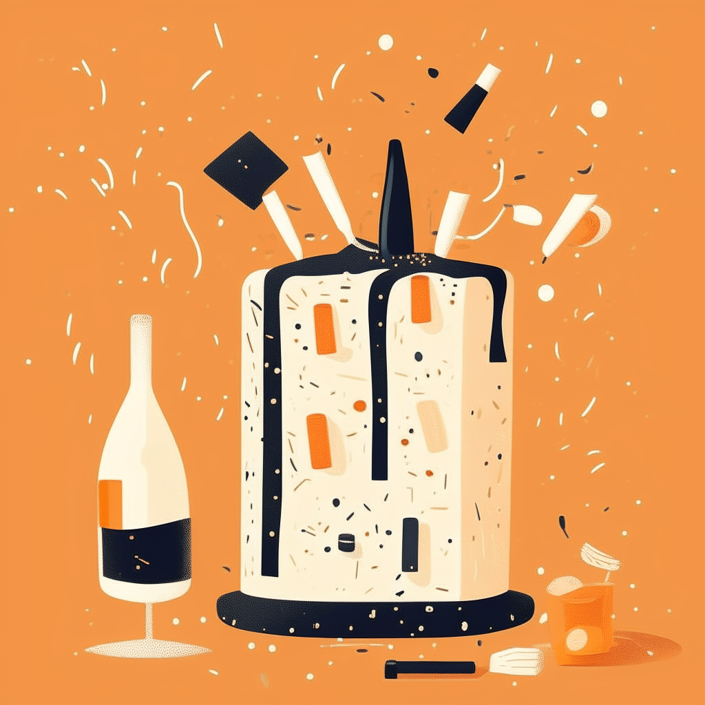 cartoon drawing of wedding cake, champagne bottle, anniversary numbers and confetti against a light orange square background