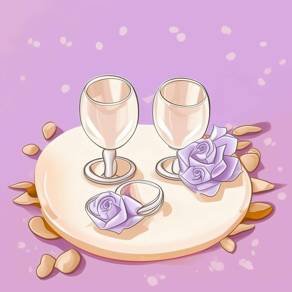 cartoon drawing of wedding rings, champagne glasses and rose petals against a light purple square background