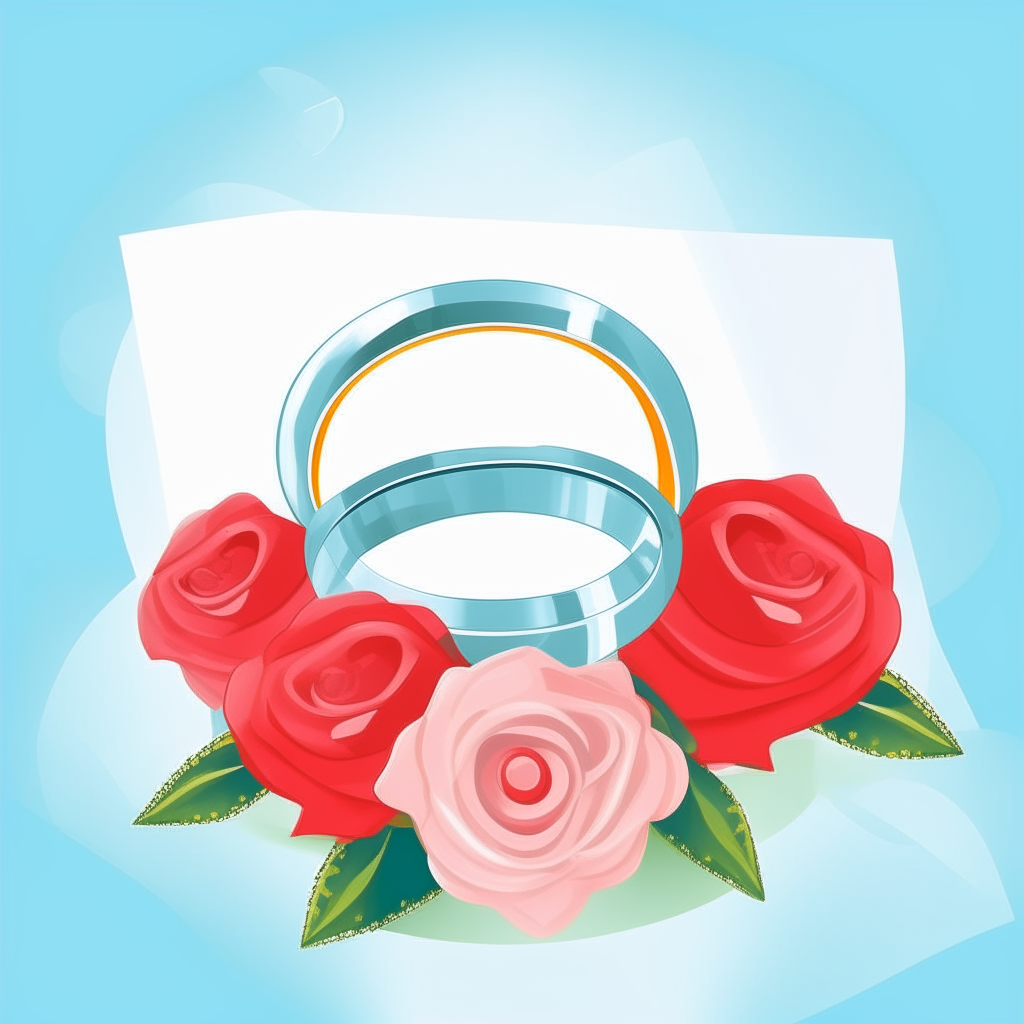 cartoon drawing of entwined wedding rings, bouquet of roses and heart shapes against a light blue square background