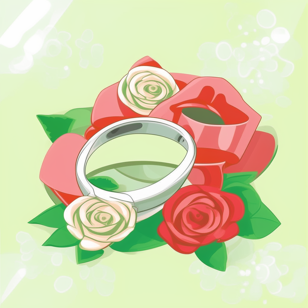 cartoon drawing of entwined wedding rings, bouquet of roses and heart shapes against a light green square background