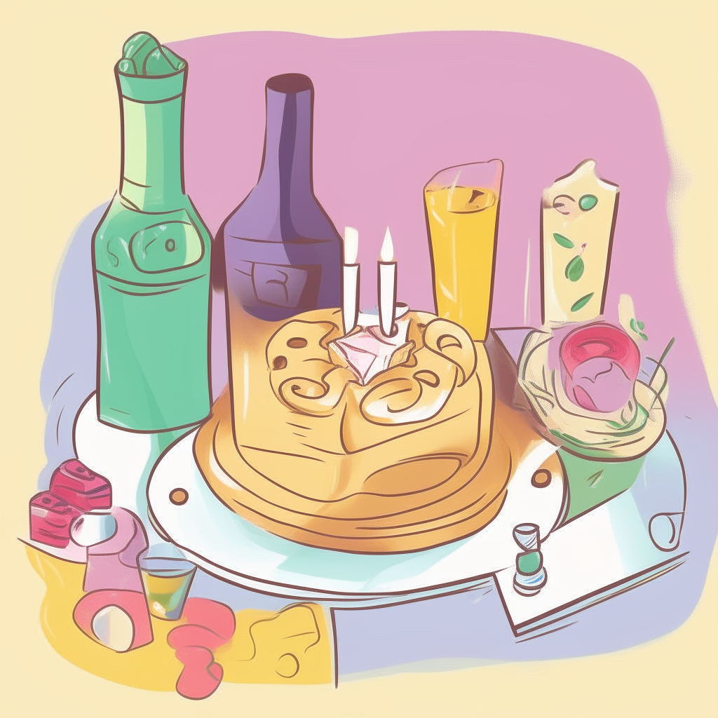 cartoon drawing of board games, snacks and drinks against a light blue square background