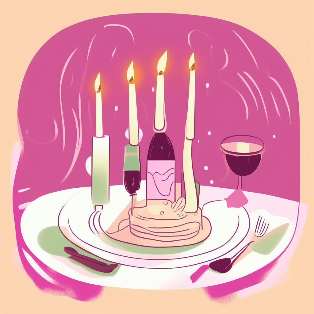 cartoon drawing of a romantic dinner for two with candles and wine against a pink square background