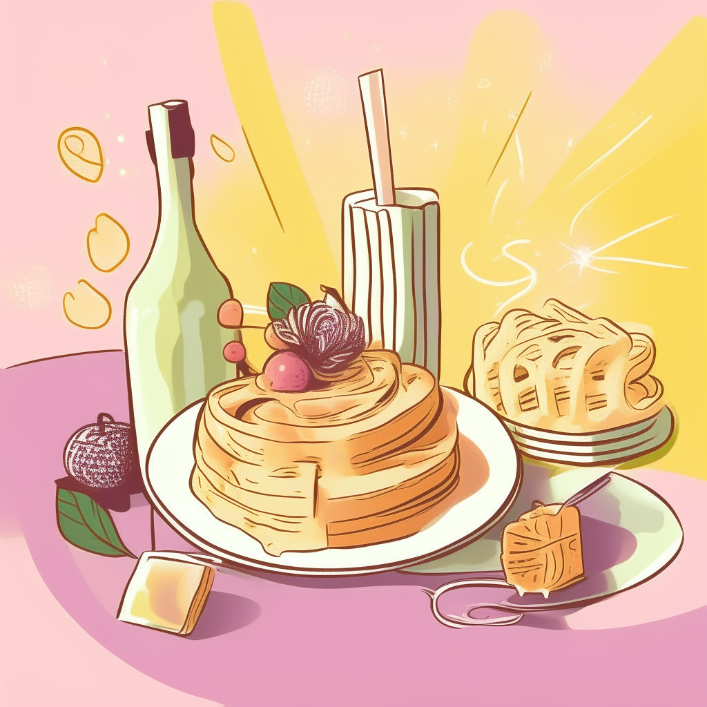 cartoon drawing of brunch foods like waffles, fruit and mimosas against a light yellow square background