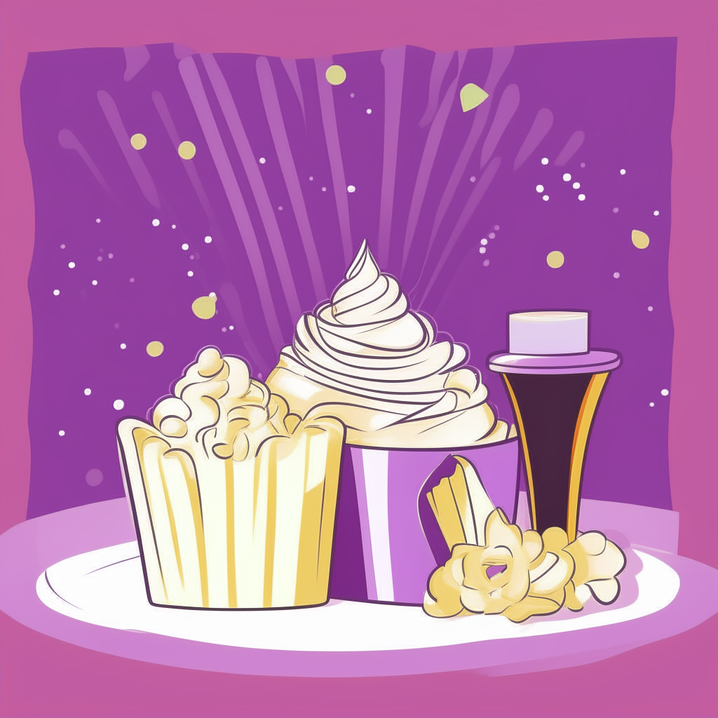 cartoon drawing of popcorn, candy and a movie projector against a purple square background