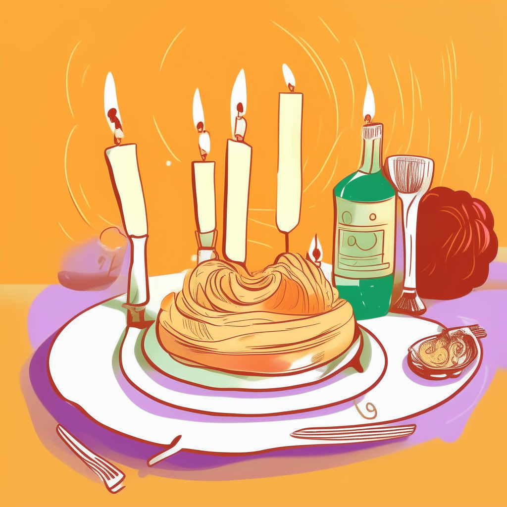 cartoon drawing of a holiday meal with turkey, pie and candles against an orange square background