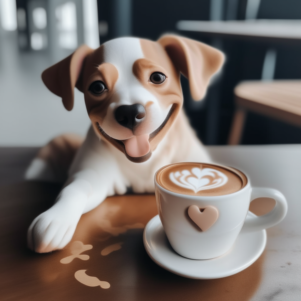 a happy puppy drinking a latte with heart-shaped foam art in a mug on a table