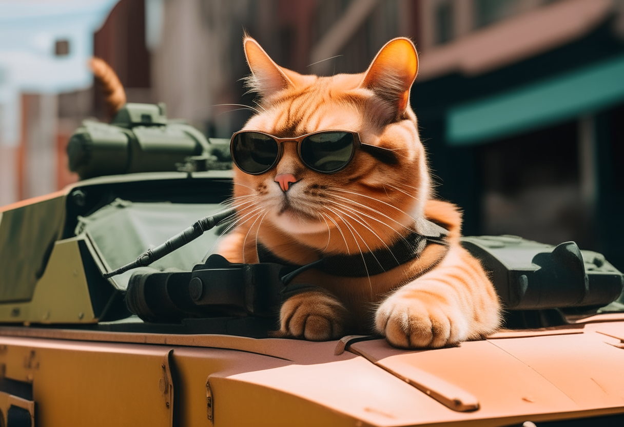 an orange tabby cat wearing sunglasses and piloting an army tank through a city street