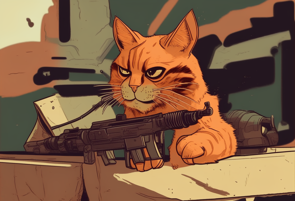 the orange tabby cat from the previous image is now holding a machine gun