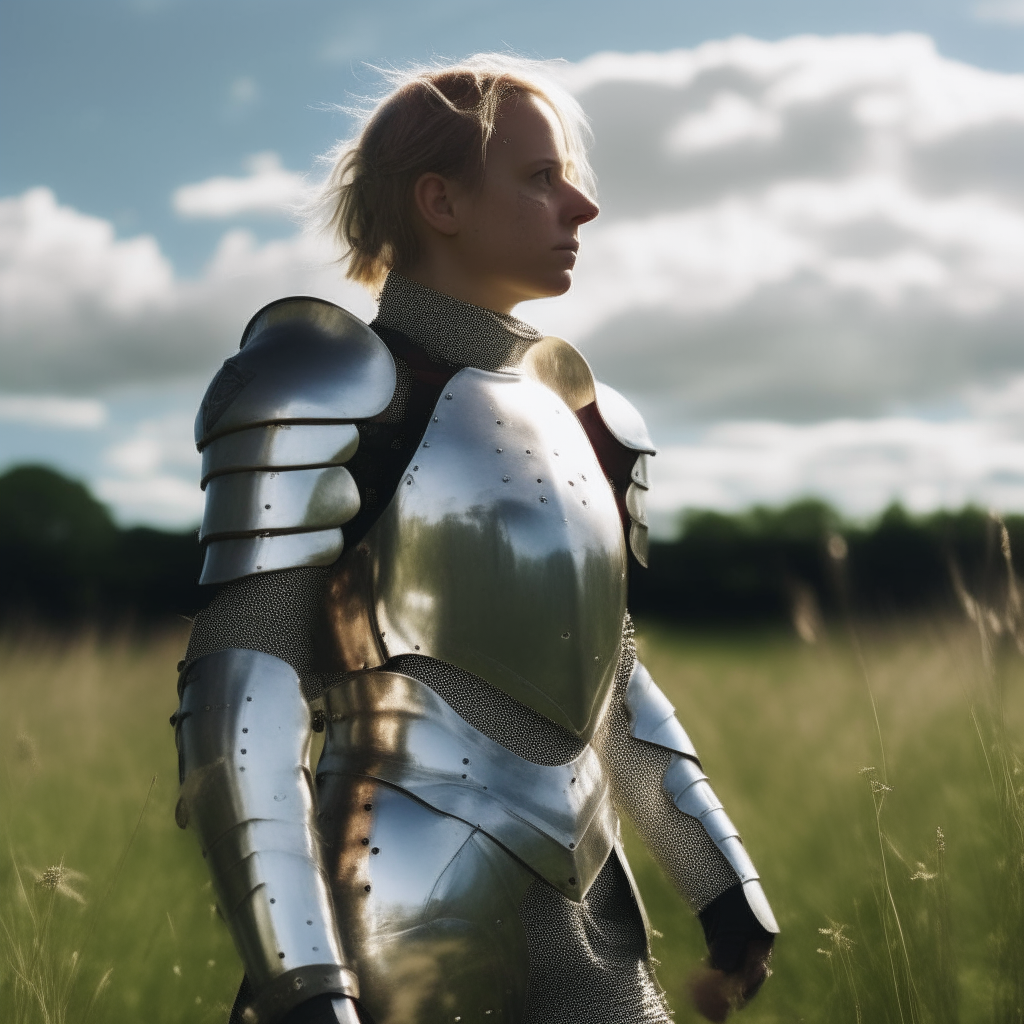 a woman in silver armor standing in a grassy field on a sunny day