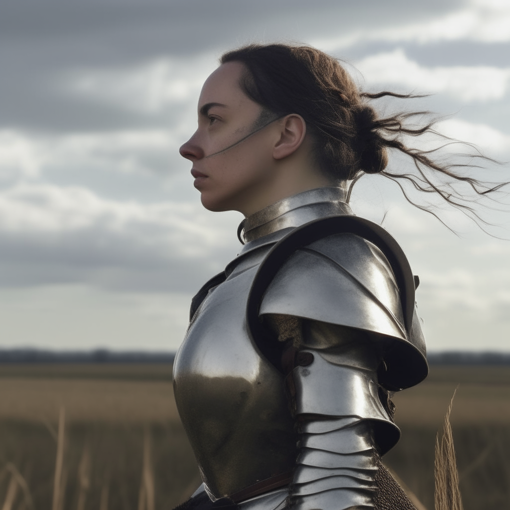 a woman in steel armor gazing into the distance across a windswept field