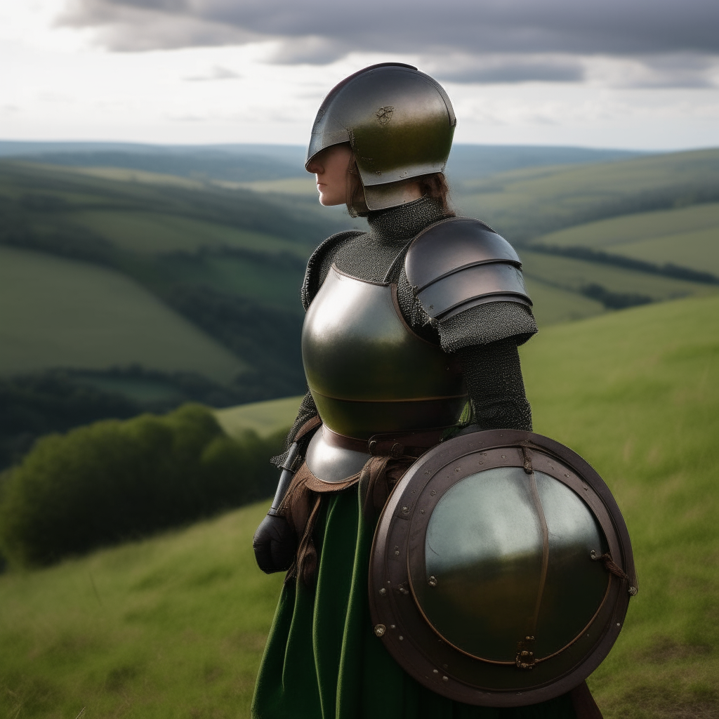 a woman in plate armor holding a helmet while standing on a hill overlooking green rolling hills