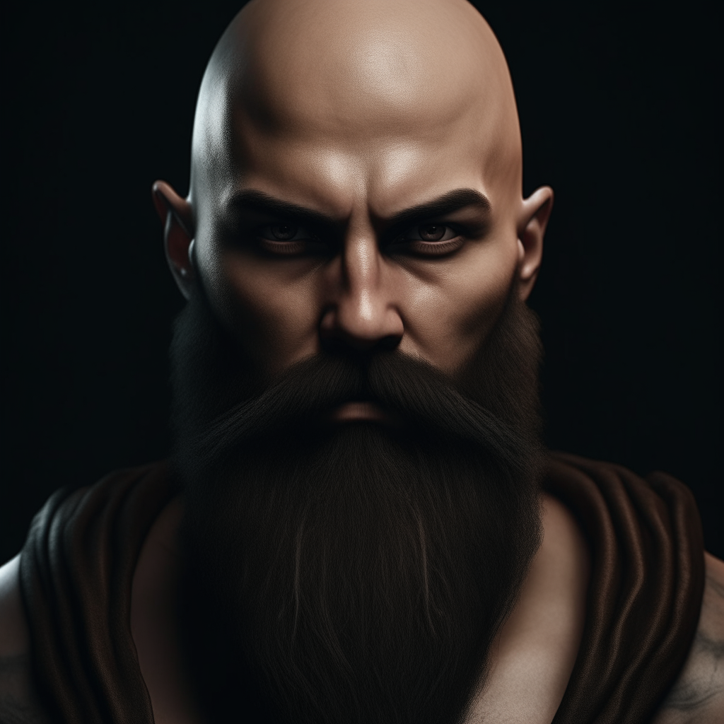 a bald, young, muscular god with a long black beard, facing forward in a serious expression, photorealistic portrait