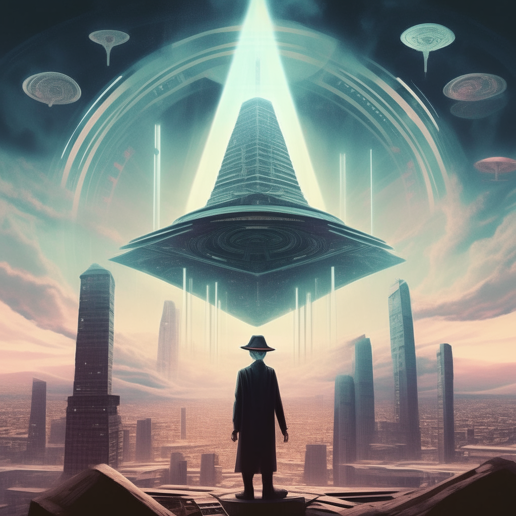 the god from the previous image, with a vast futuristic city of geometric shapes and flying saucers in the sky behind him