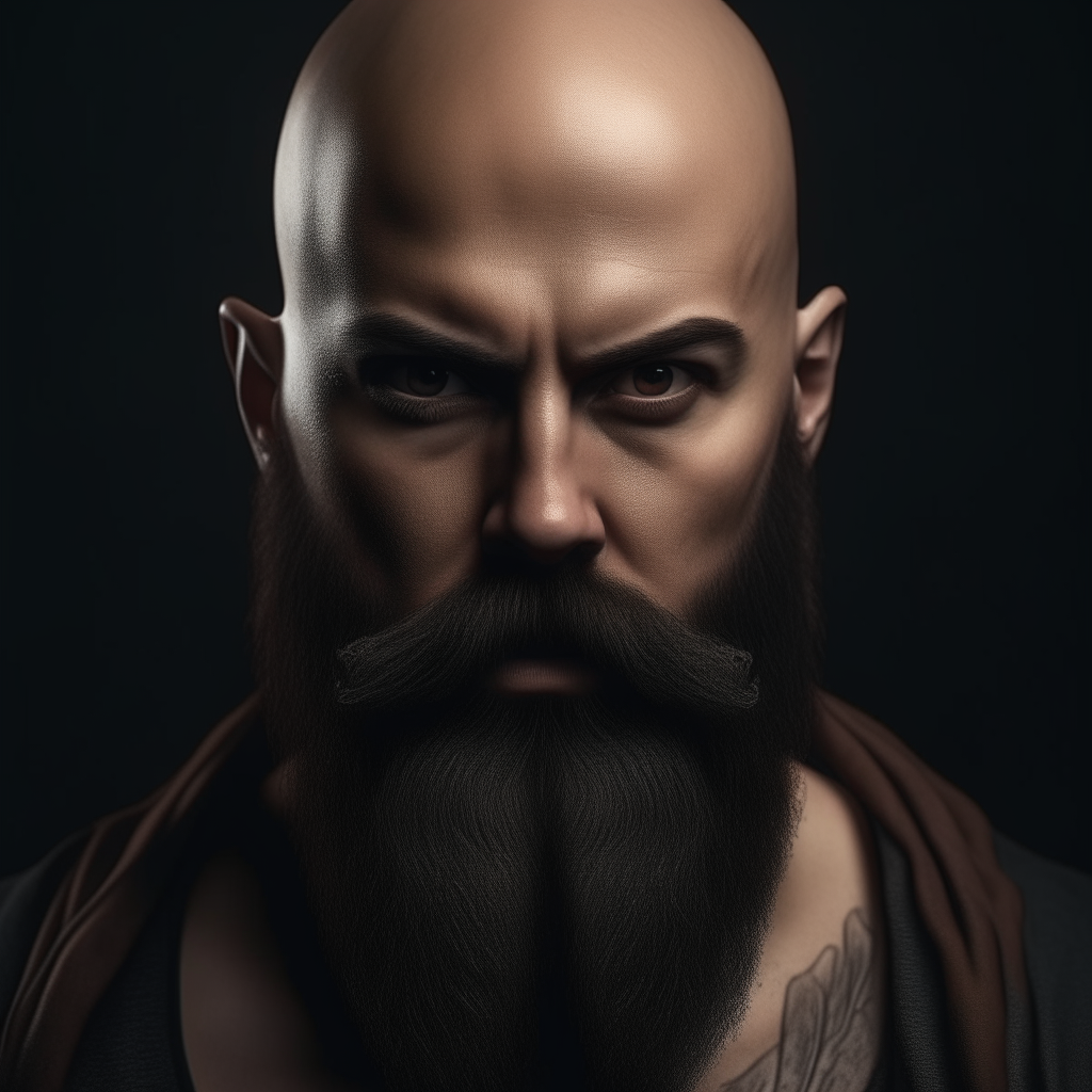 a bald, muscular young man with a long black beard, facing forward with intense expression, photorealistic portrait