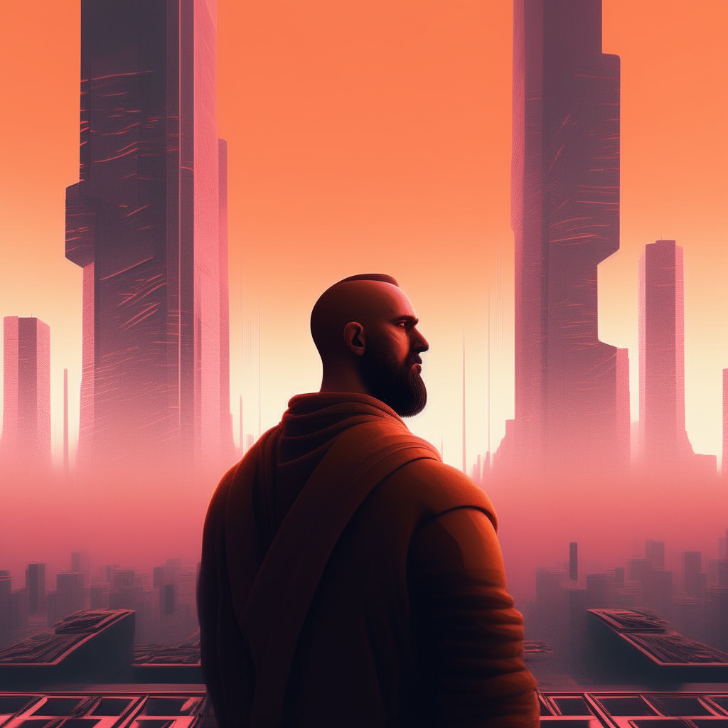 the man from the previous image, in front of a vast futuristic city of geometric skyscrapers against a orange and pink sky