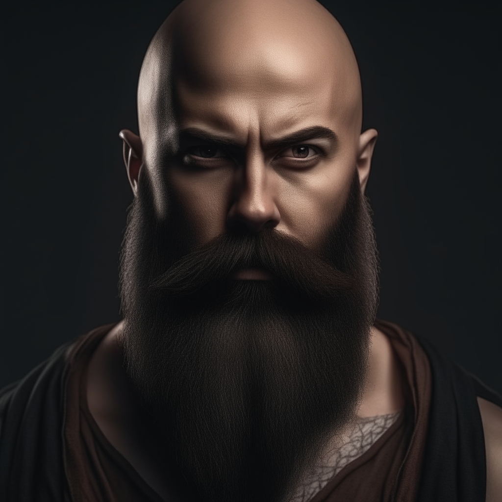 a bald muscular young man with a long black beard, facing forward with intense expression, photorealistic portrait