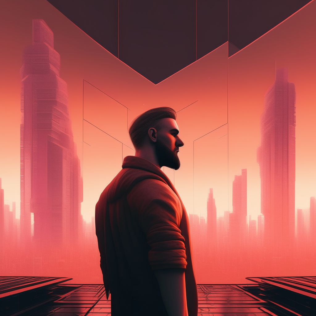 the man from the previous image in front of a vast futuristic city of geometric skyscrapers against an orange and pink sky