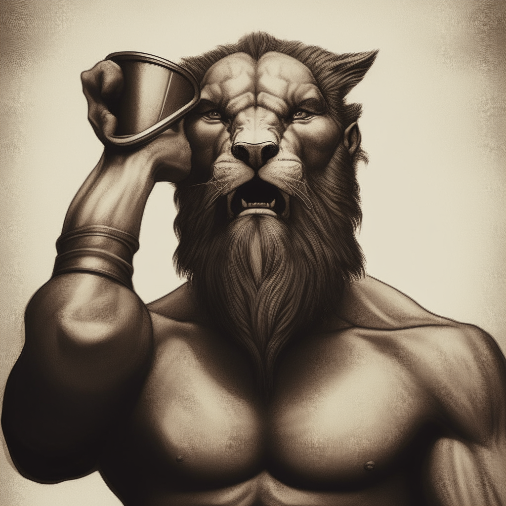 the lion from the previous image, with a muscular champion emerging from the cup, fists raised in victory