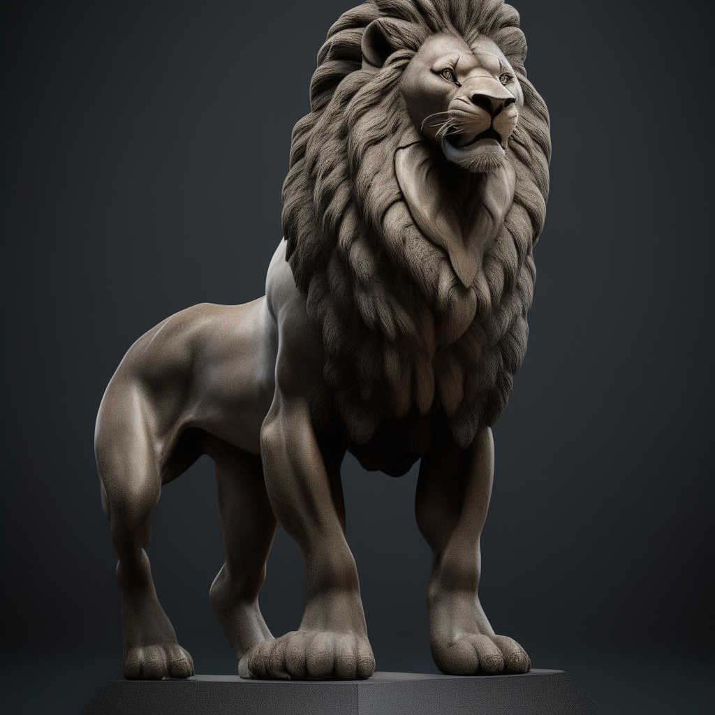 a photorealistic statue of a proud lion standing on its hind legs, head held high, muscular build