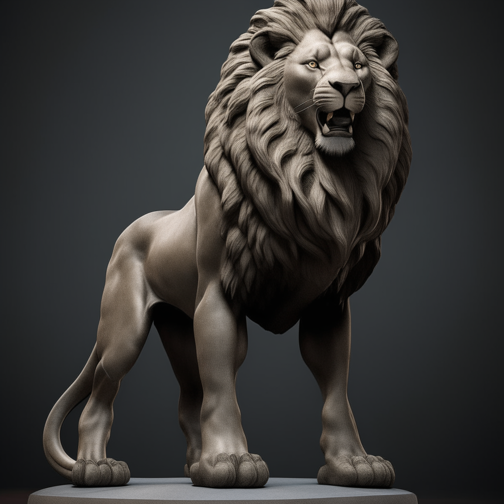 a photorealistic statue of a proud lion standing on its hind legs, head held high, muscular build