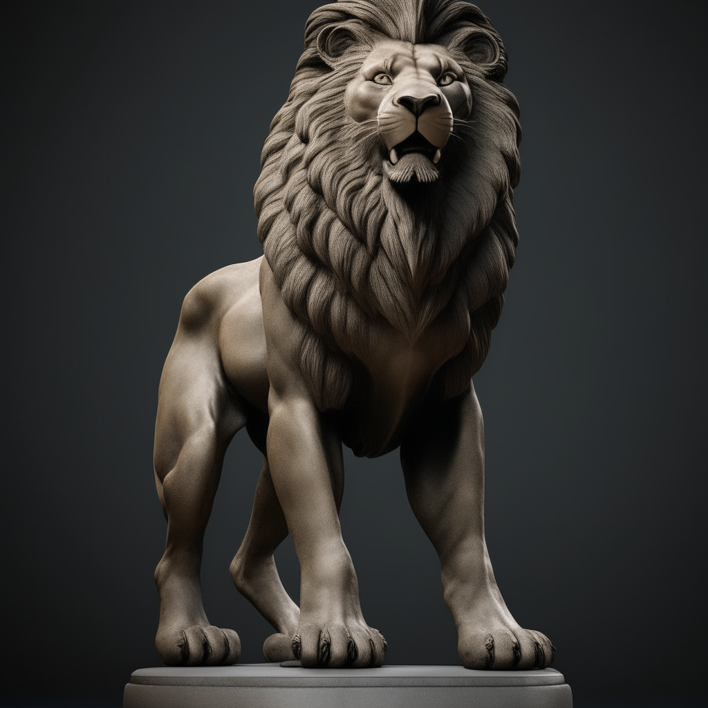 a photorealistic statue of a proud lion standing on its hind legs, head held high, muscular build