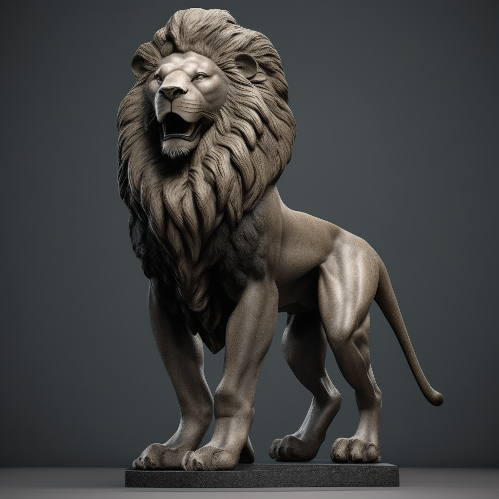 a photorealistic statue of a proud lion standing on its hind legs, head held high, muscular build