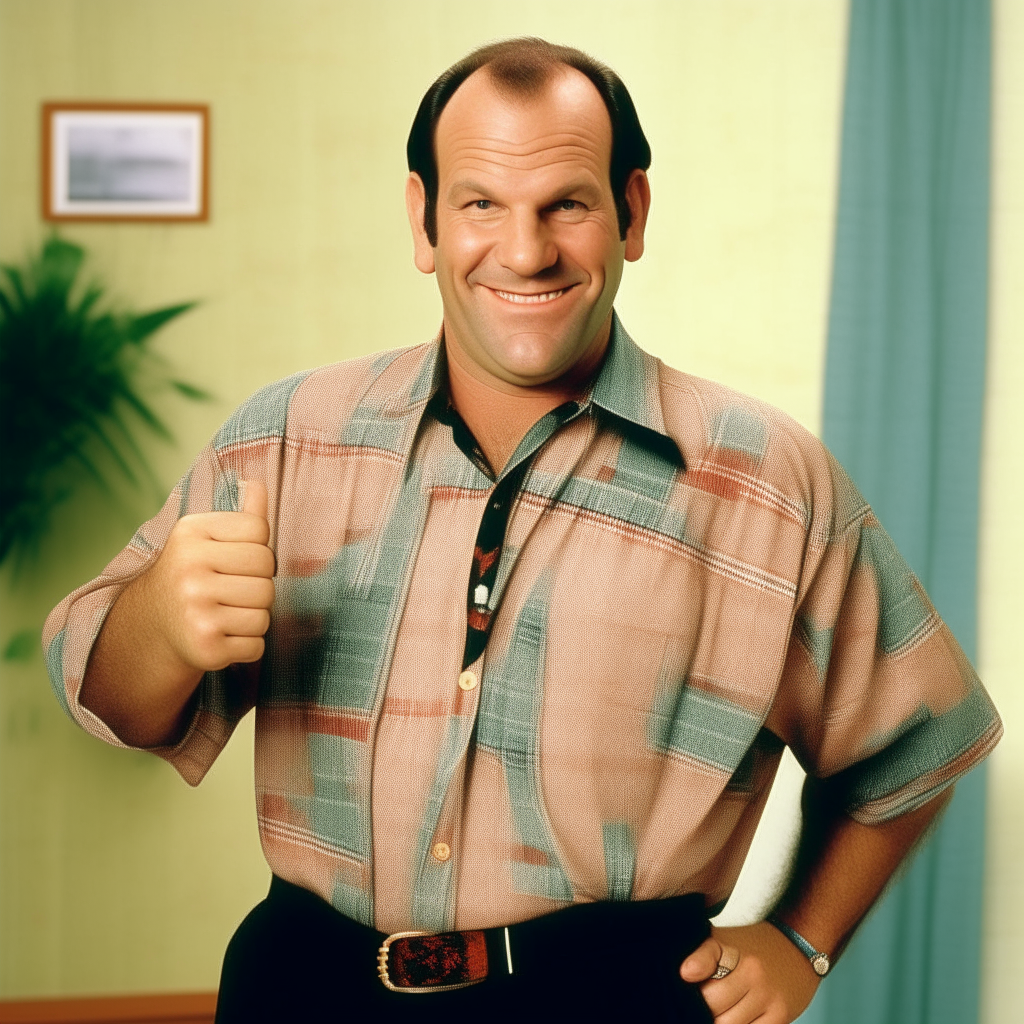 a portrait of Al Bundy from Married... with Children, smiling with hands on hips a portrait of Doug Heffernan from The King of Queens, smiling and giving a thumbs up