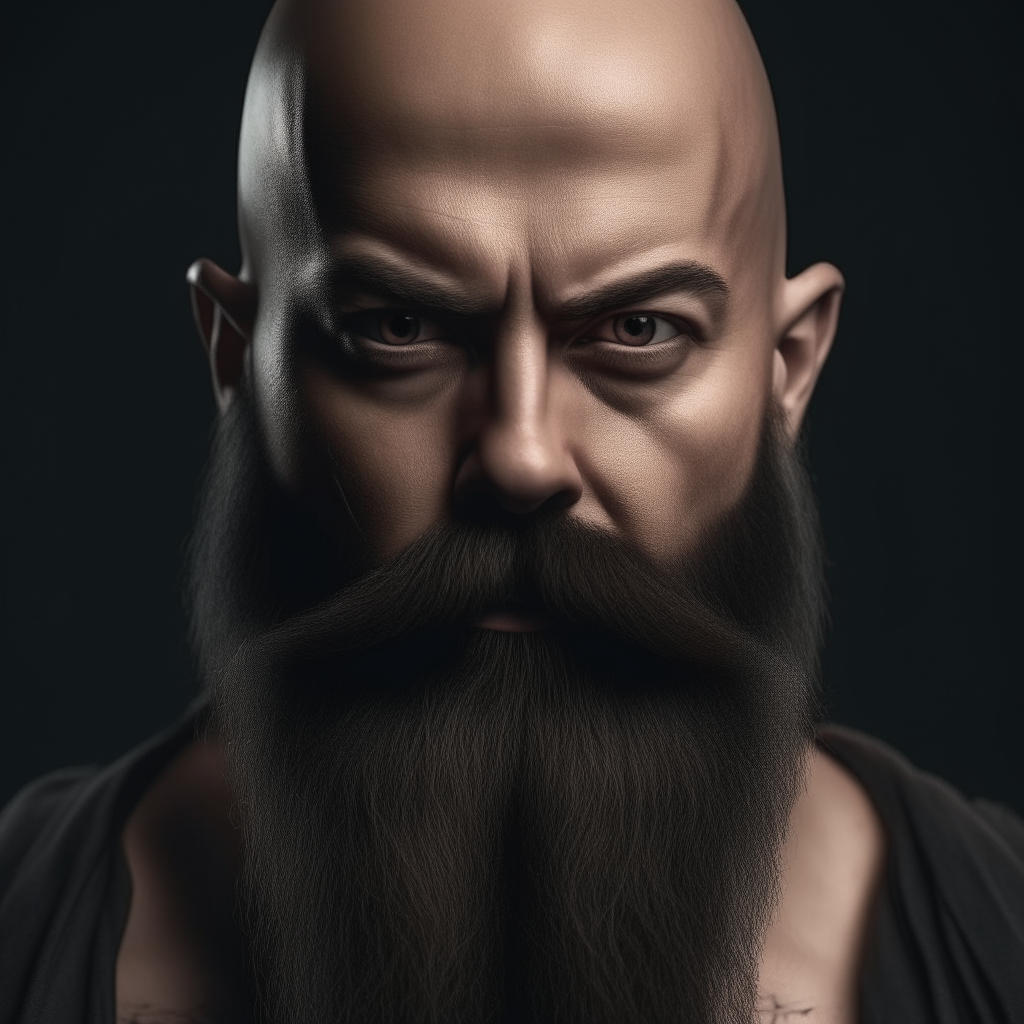 a bald muscular man with a long black beard, facing forward with intense expression, photorealistic portrait