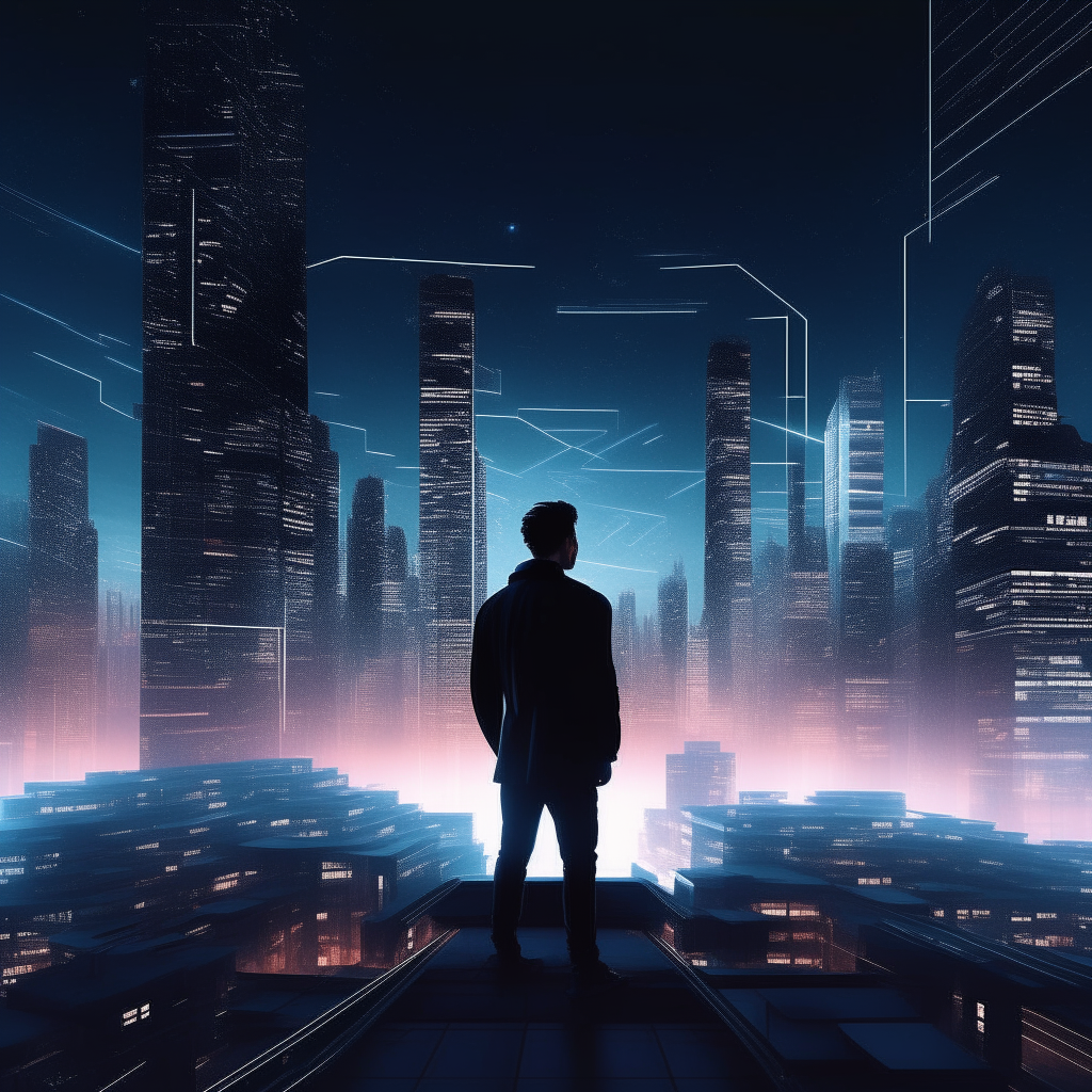 the man from the previous image in front of a vast futuristic city of geometric skyscrapers against a night sky