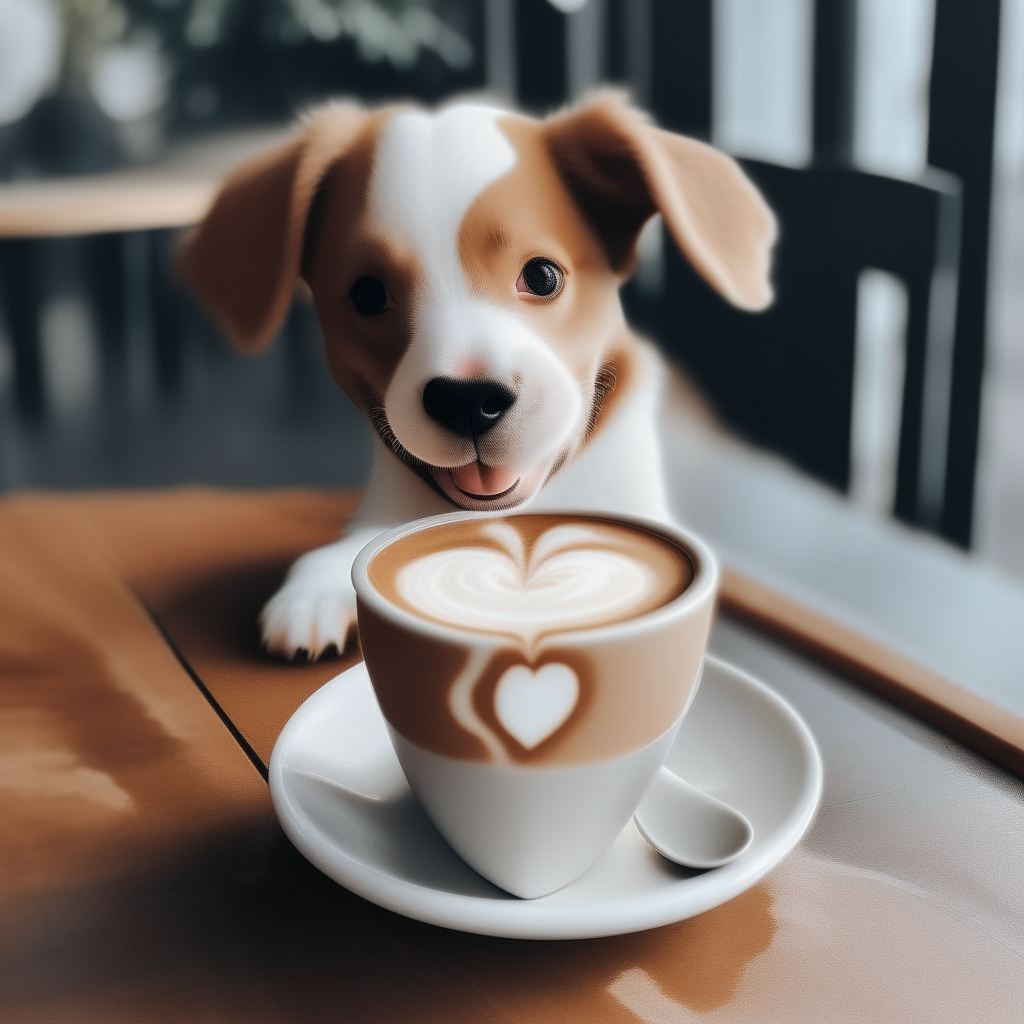a happy puppy drinking a latte with heart-shaped foam art in a cup on a table
