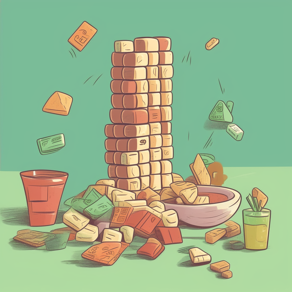 cartoon drawing of a jenga game, drinks, and snacks against a light green background