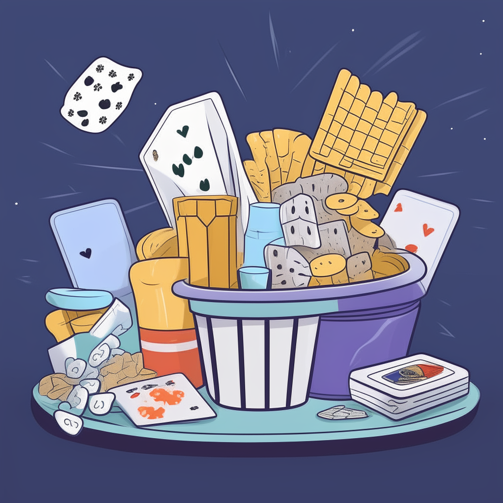 cartoon drawing of playing cards, poker chips, and popcorn against a blue background