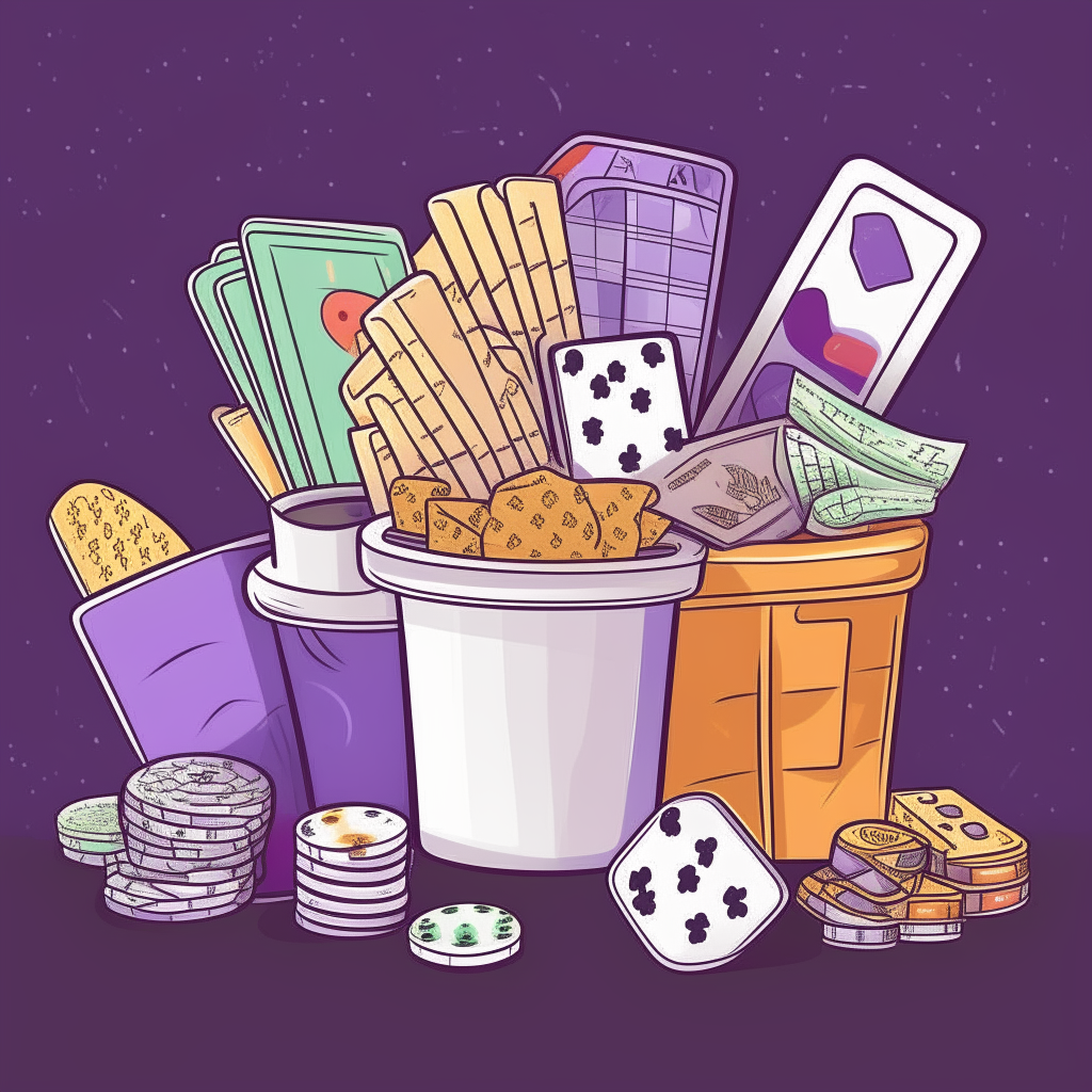 cartoon drawing of playing cards, poker chips, and popcorn against a purple background