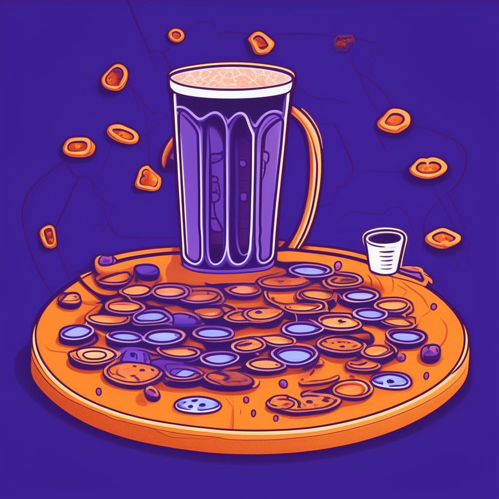 cartoon drawing of a connect four game, drinks and pretzels against a purple background