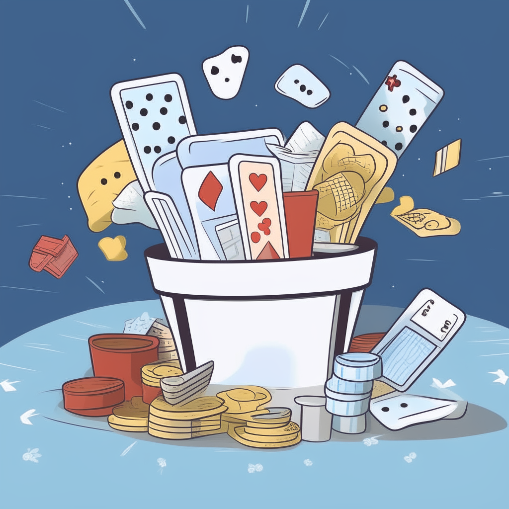 cartoon drawing of playing cards, poker chips, and popcorn against a light sky blue background