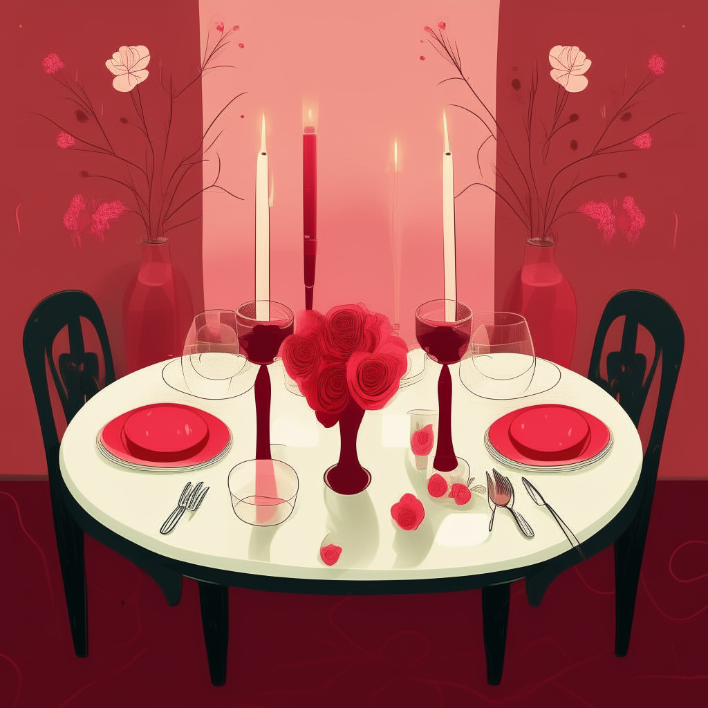 cartoon drawing of a romantic dinner table set for two couples, with candles, wine glasses, flowers against a red background