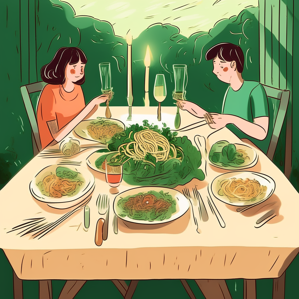 cartoon drawing of a cozy table set for two couples having dinner, with pasta, salad, breadsticks against a green background