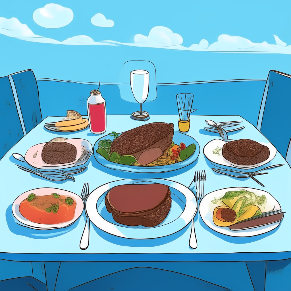 cartoon drawing of a table set for a double date, with plates of steak, vegetables, and cake for dessert against a blue background