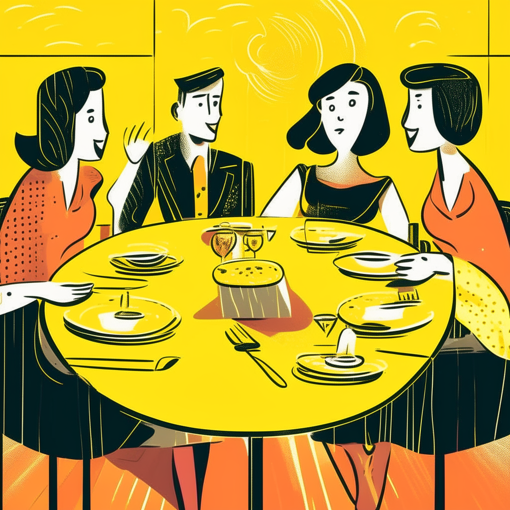 fun cartoon drawing of a table set for two couples having a double dinner date, with exaggerated food and decor against a solid yellow background