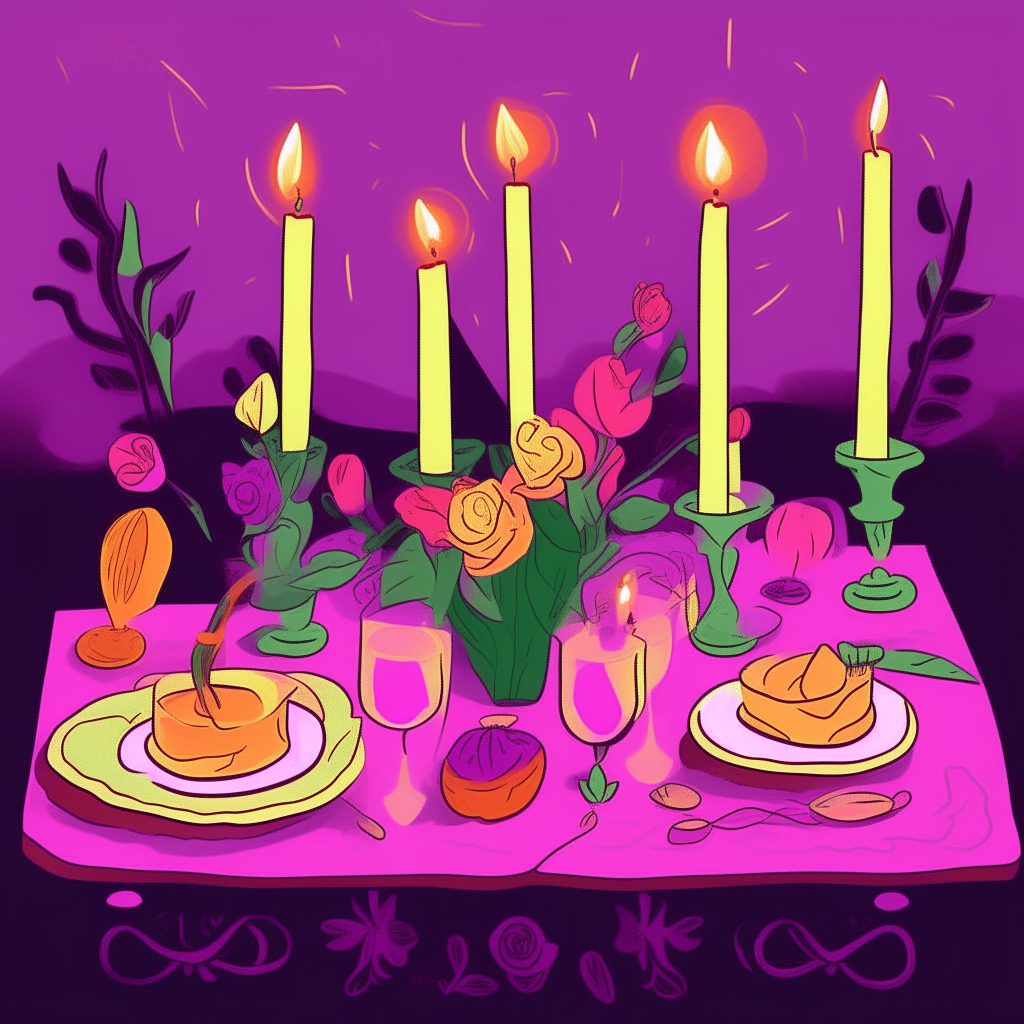 silly cartoon drawing of a double date dinner with oversized candles, flowers and dishes in bright colors against a solid purple background